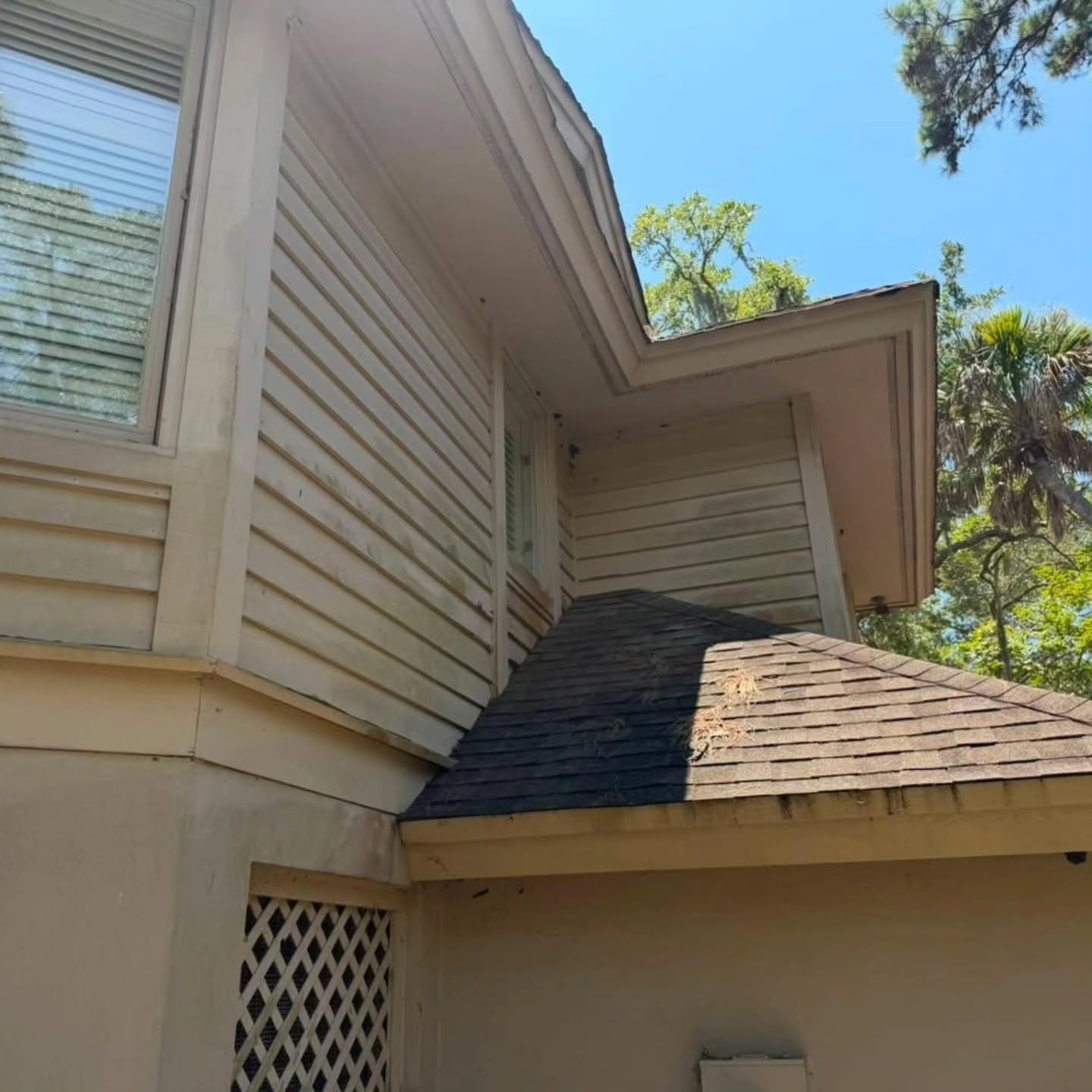 Algae and black streaks on a Kiawah Island home before a professional soft wash