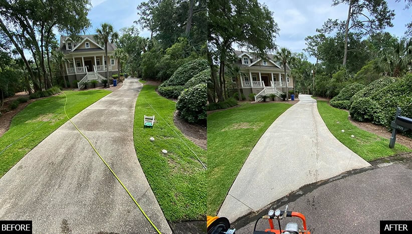 House washing before and after in Charleston SC showing soft wash transformation