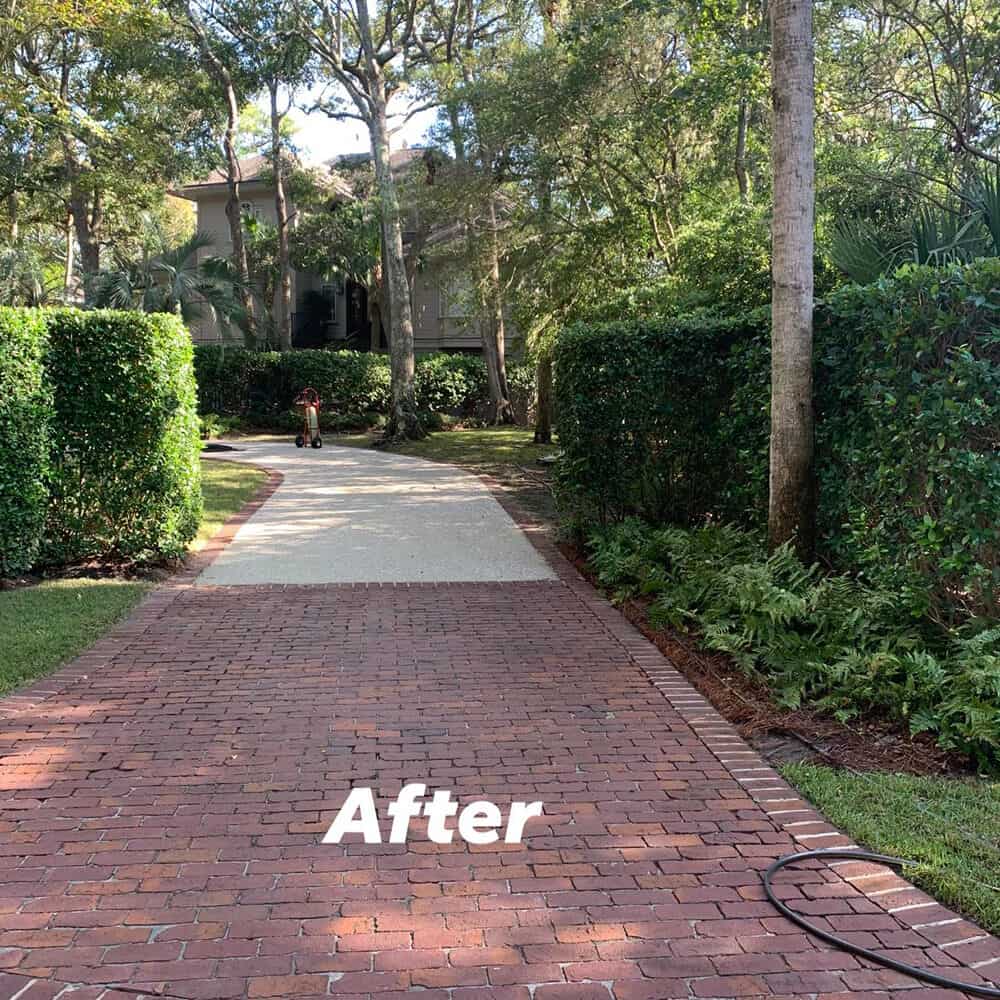 Charleston pool deck with algae buildup before professional cleaning