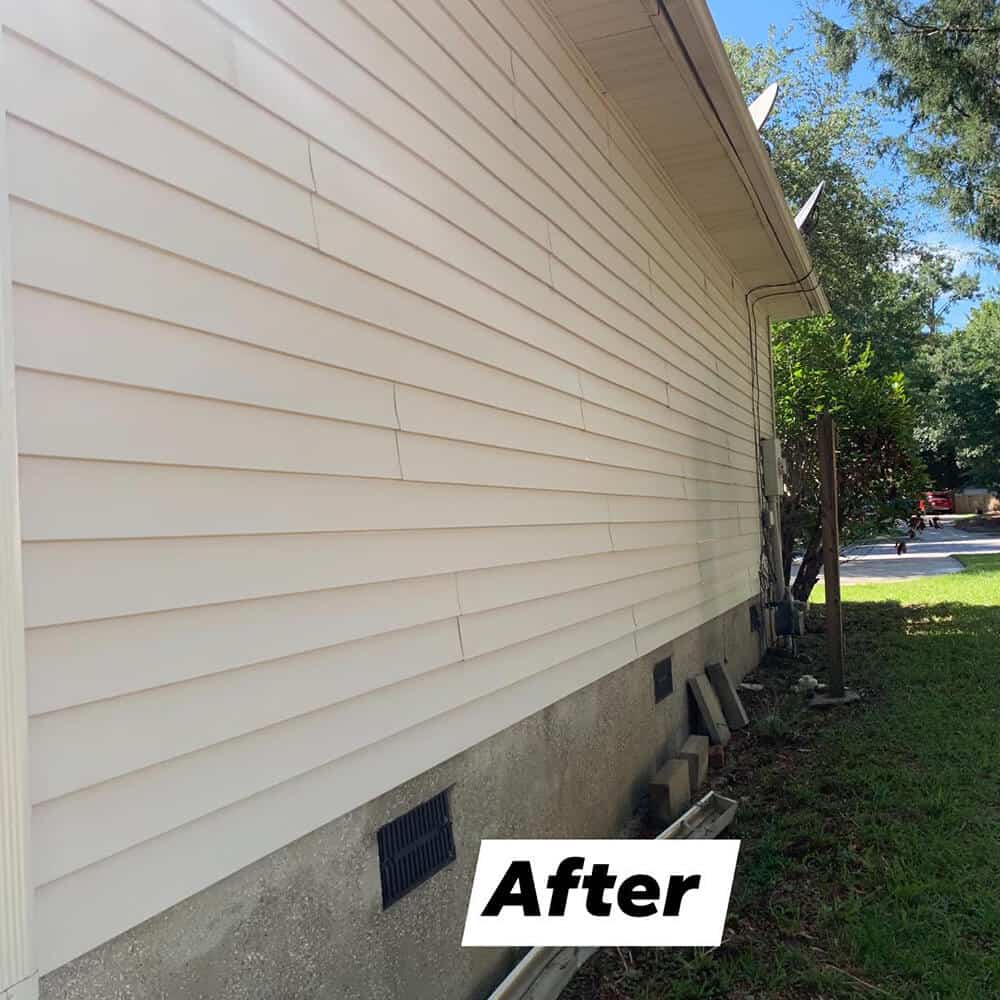 Soft washed vinyl siding on a Charleston home showing clean white panels